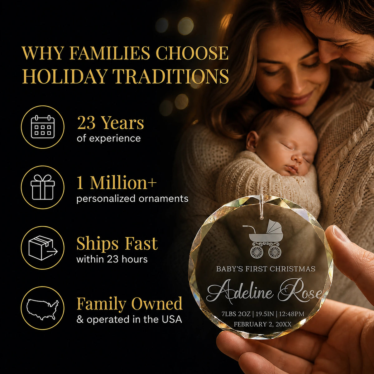 Parents holding their newborn and the baby carriage personalized glass ornament, Holiday Traditions is family owned in the USA and ships within 23 hours