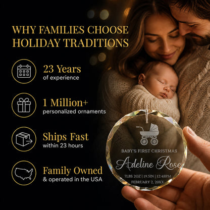 Parents holding their newborn and the baby carriage personalized glass ornament, Holiday Traditions is family owned in the USA and ships within 23 hours