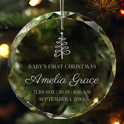 Personalized crystal ornament engraved with baby’s name, birth details, and Christmas tree design for Baby’s First Christmas.
