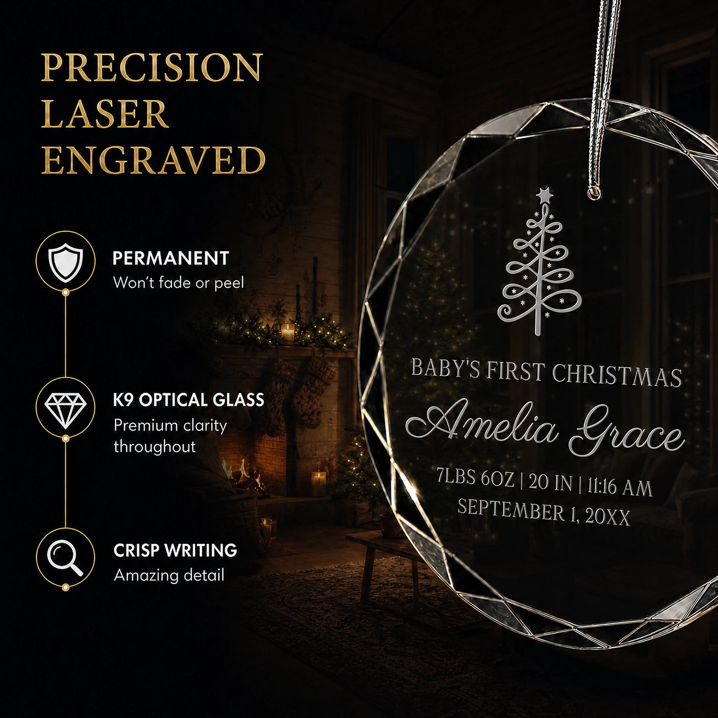 Close up of precision laser engraving on the Christmas tree custom baby's first Christmas glass ornament, permanent lettering that will not fade or peel
