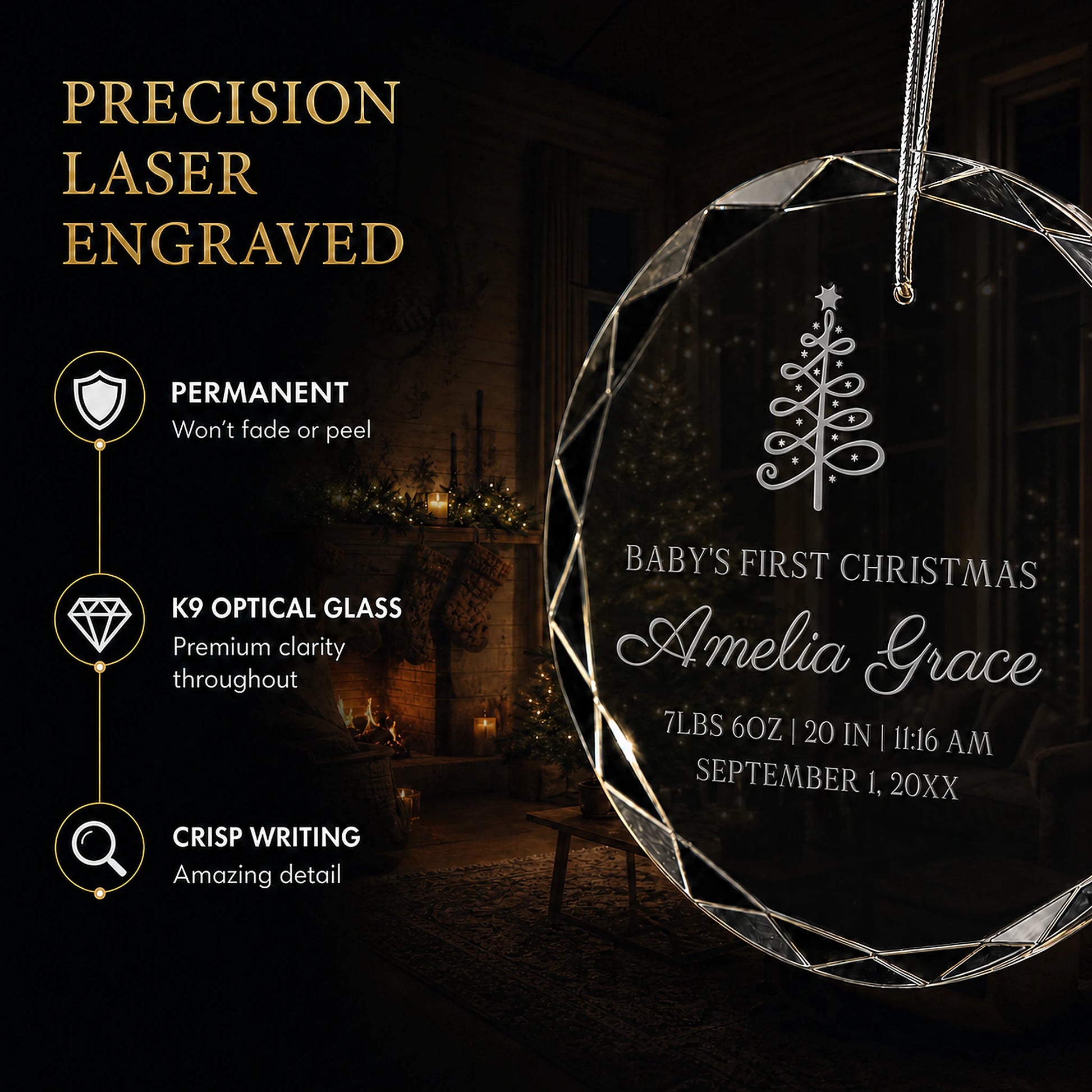 Close up of precision laser engraving on the Christmas tree custom baby's first Christmas glass ornament, permanent lettering that will not fade or peel