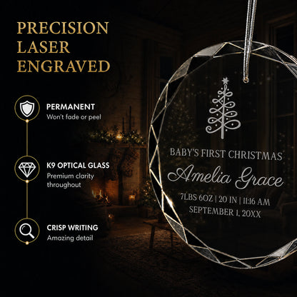 Close up of precision laser engraving on the Christmas tree custom baby's first Christmas glass ornament, permanent lettering that will not fade or peel