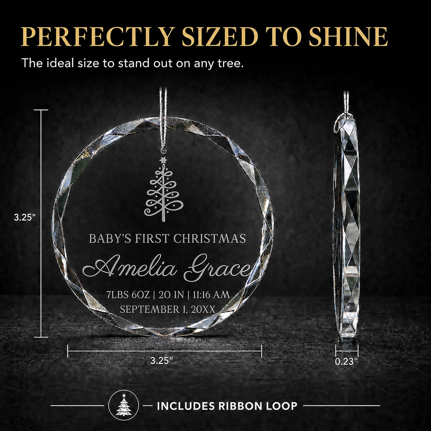 Size guide for the Christmas tree personalized baby's first Christmas glass ornament, 3.25 inches tall by 3.25 inches wide and 0.23 inches thick