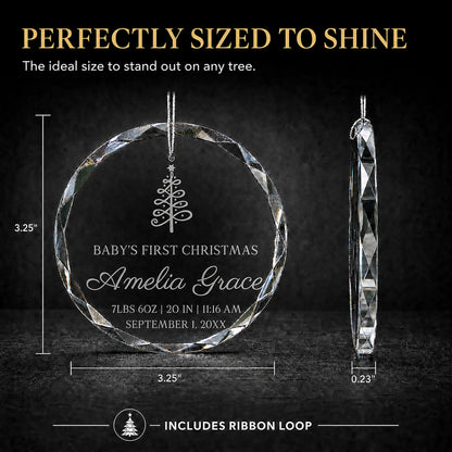 Size guide for the Christmas tree personalized baby's first Christmas glass ornament, 3.25 inches tall by 3.25 inches wide and 0.23 inches thick