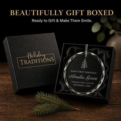 Christmas tree personalized baby's first Christmas glass ornament arrives in a black Holiday Traditions gift box, ready to give