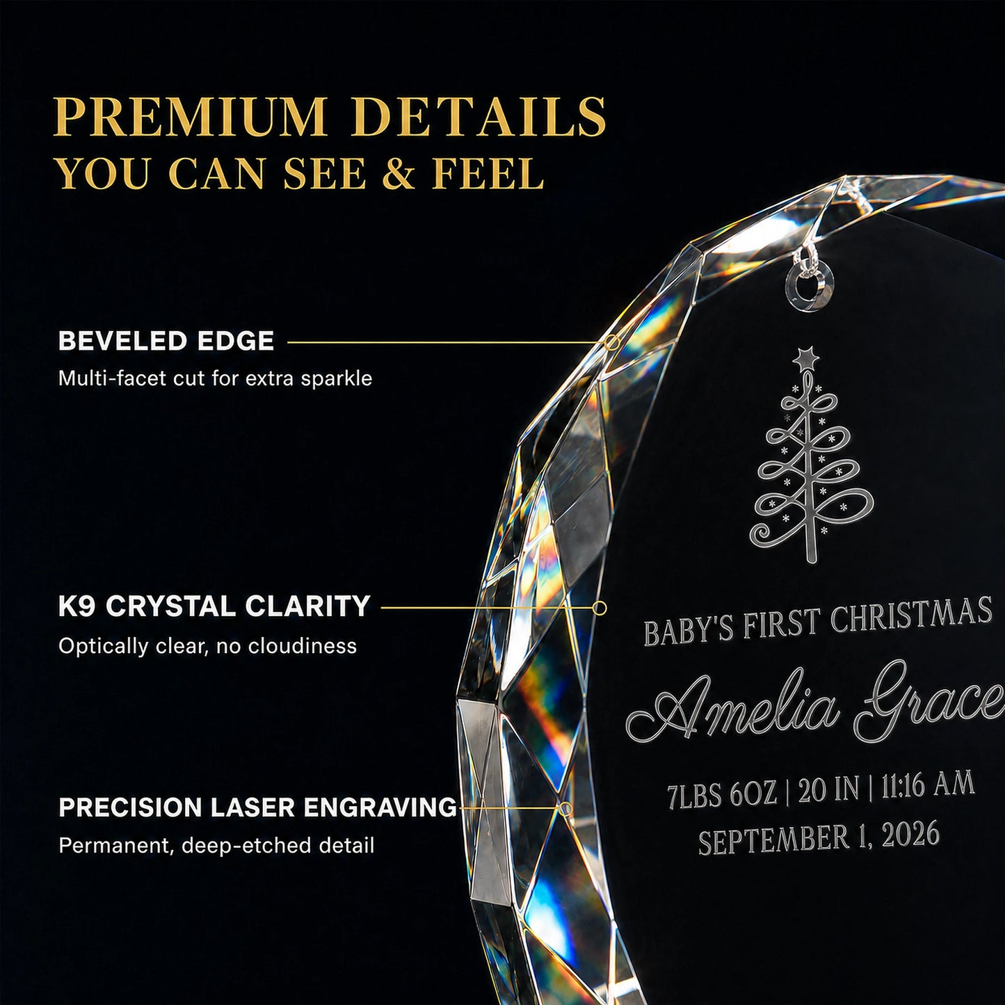 Beveled multi facet edge of the K9 optical glass baby's first Christmas ornament, optically clear with deep etched permanent laser engraving