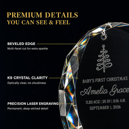 Beveled multi facet edge of the K9 optical glass baby's first Christmas ornament, optically clear with deep etched permanent laser engraving