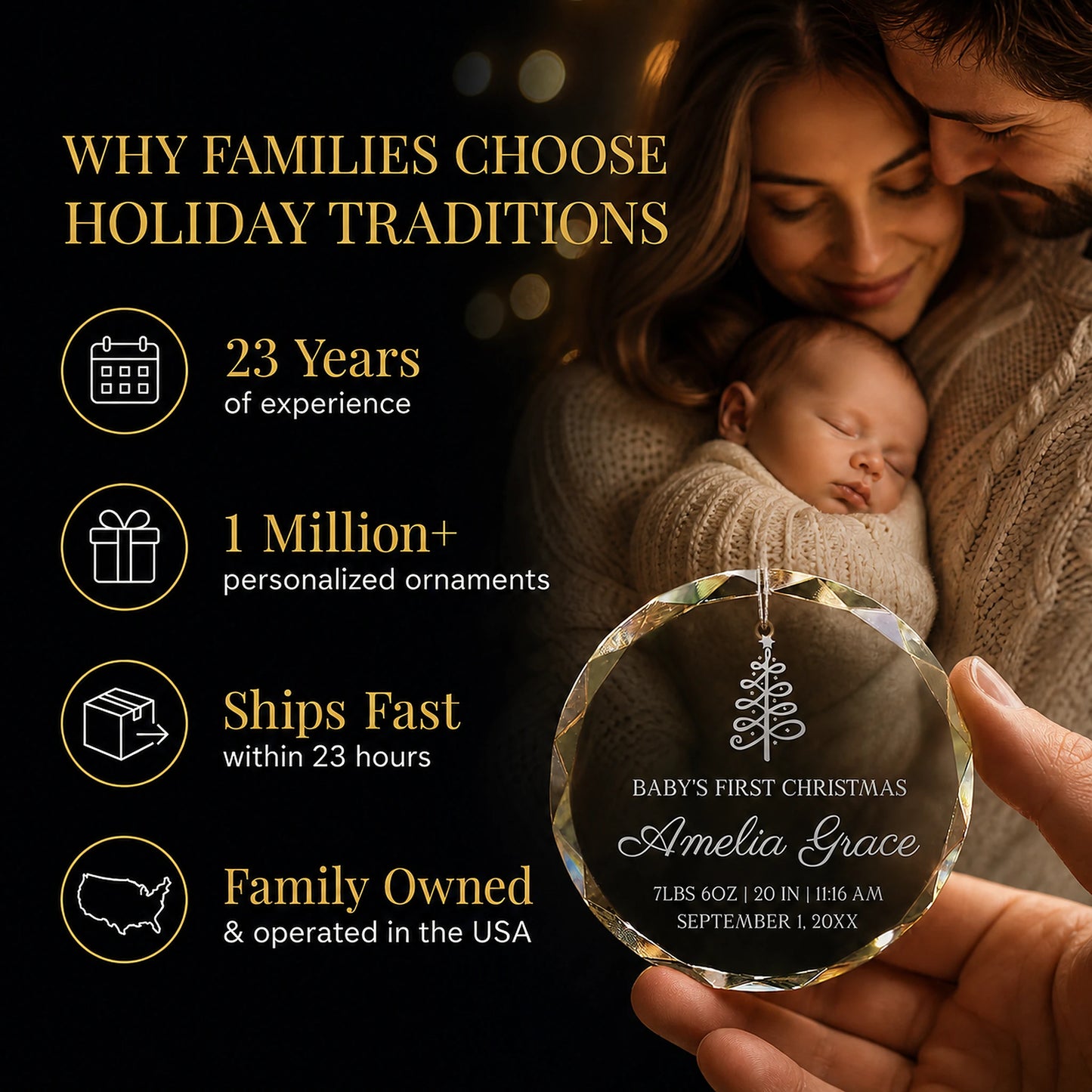 Parents holding their newborn and the Christmas tree personalized baby's first Christmas glass ornament, Holiday Traditions is family owned in the USA and ships within 23 hours
