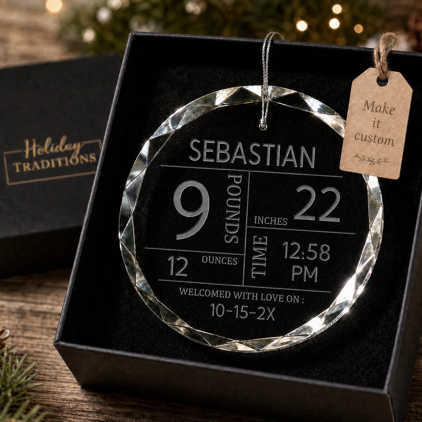 Personalized baby's first Christmas ornament in gift box - round beveled glass engraved with baby's name and birth stats: weight, length, time of birth, and date