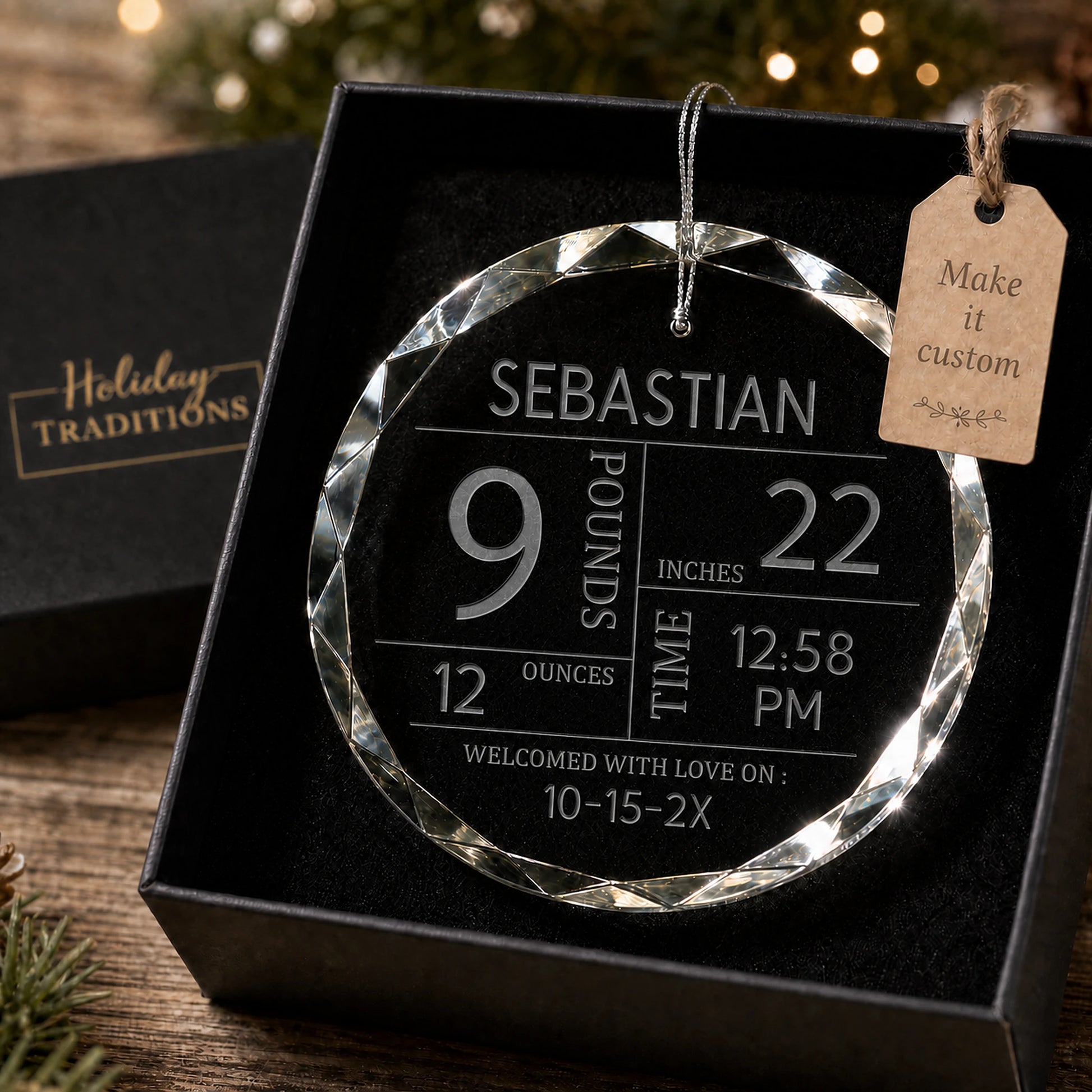 Personalized baby's first Christmas ornament in gift box - round beveled glass engraved with baby's name and birth stats: weight, length, time of birth, and date
