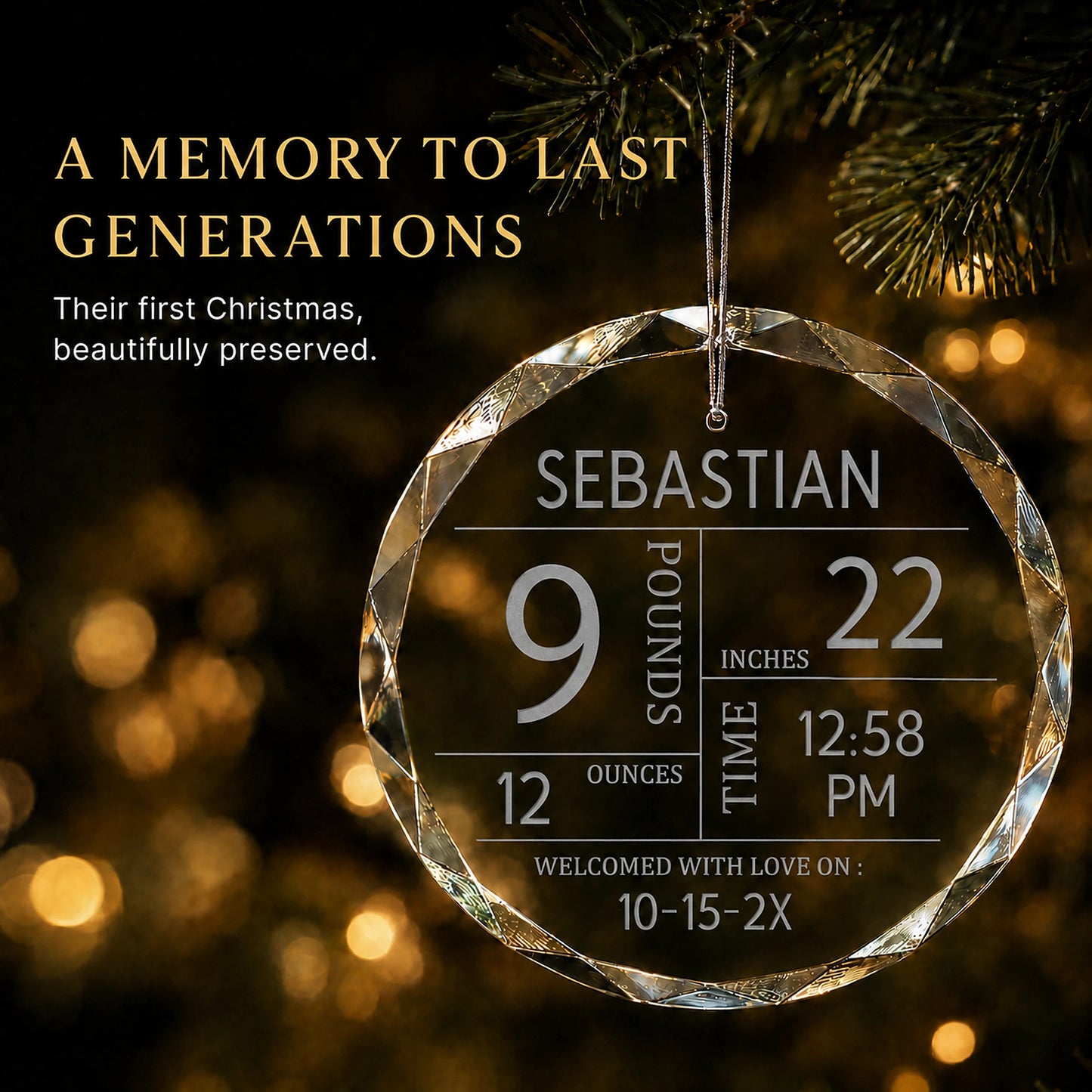 Baby's first Christmas birth stats ornament hanging on a Christmas tree - engraved glass keepsake with baby's name, weight, length, and time of birth