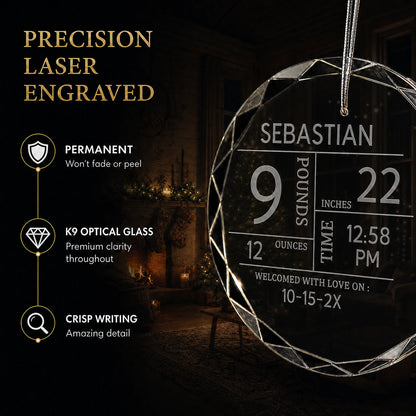 Precision laser engraved birth stats ornament - permanent engraving on K9 optical glass that won't fade or peel