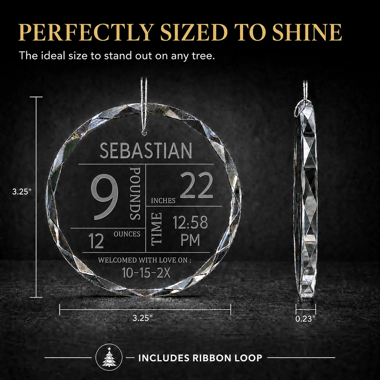 Size chart for baby birth stats glass ornament - 3.25 inch round, 0.23 inch thick, includes ribbon loop for hanging