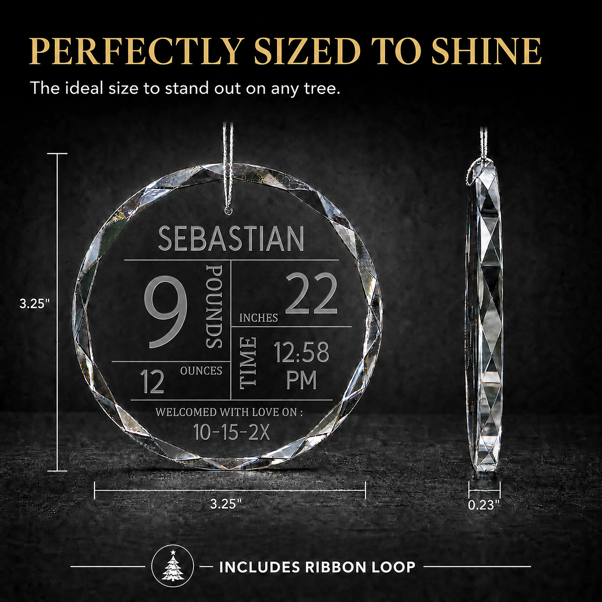 Size chart for baby birth stats glass ornament - 3.25 inch round, 0.23 inch thick, includes ribbon loop for hanging