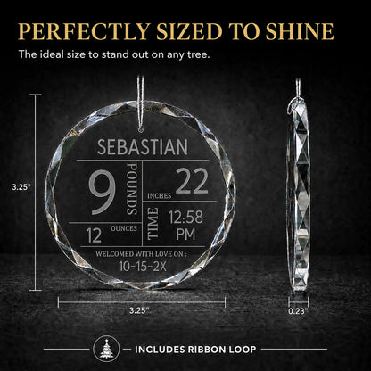 Size chart for baby birth stats glass ornament - 3.25 inch round, 0.23 inch thick, includes ribbon loop for hanging