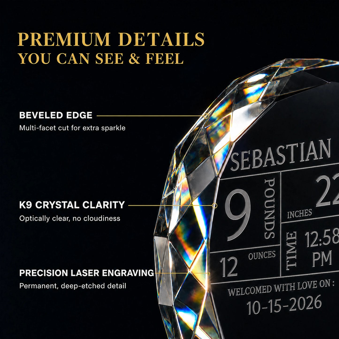 Premium details of glass birth stats ornament - beveled multi-facet edge, K9 crystal clarity, deep-etched laser engraving