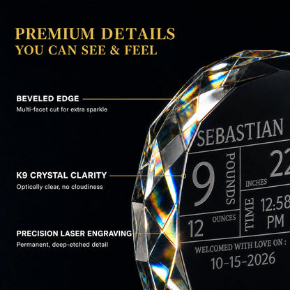 Premium details of glass birth stats ornament - beveled multi-facet edge, K9 crystal clarity, deep-etched laser engraving