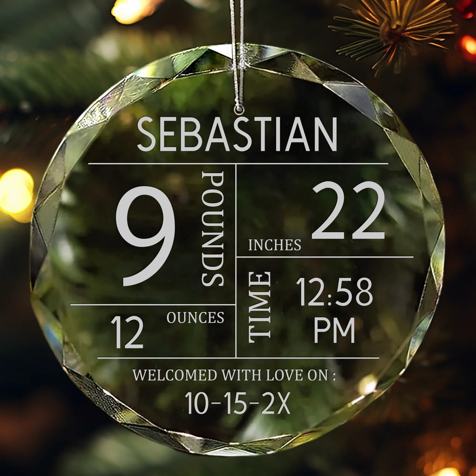 Personalized crystal ornament engraved with baby’s name, birth weight, length, time, and date.