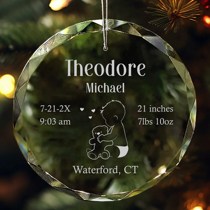 Personalized crystal ornament engraved with baby boy and teddy bear design, name, birth stats, and location