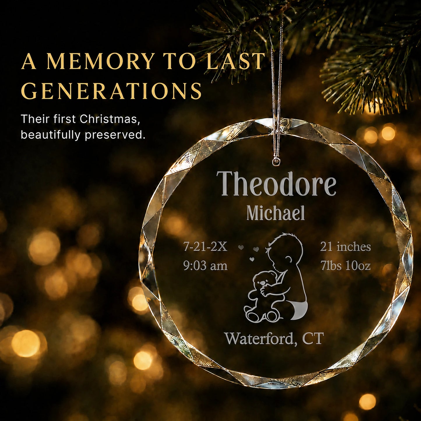 Personalized baby's first Christmas ornament in K9 optical glass hanging on a lit tree, engraved with a baby and teddy bear, name, birth stats and birthplace