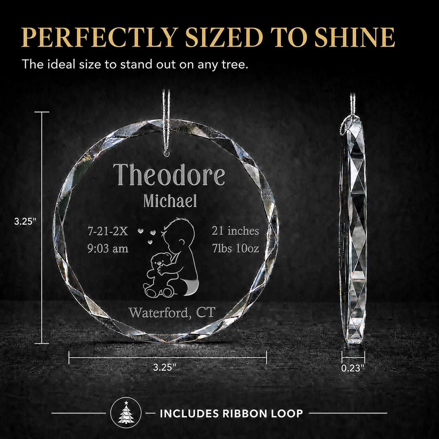 Size guide for the baby and teddy bear personalized baby's first Christmas glass ornament, 3.25 inches tall by 3.25 inches wide and 0.23 inches thick