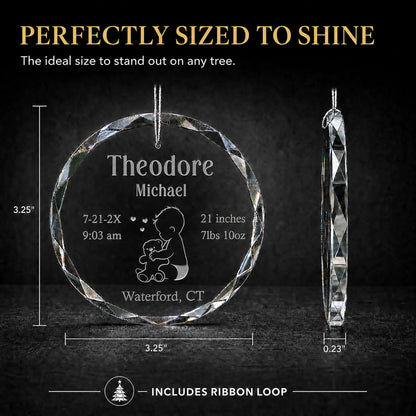 Size guide for the baby and teddy bear personalized baby's first Christmas glass ornament, 3.25 inches tall by 3.25 inches wide and 0.23 inches thick