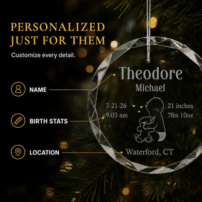 Personalization options on the baby and teddy bear baby's first Christmas glass ornament, custom name, birth stats and birthplace laser engraved