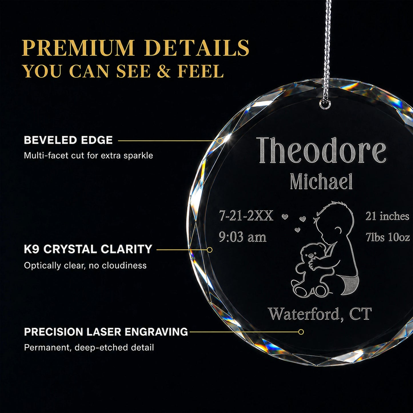 Beveled multi facet edge of the K9 optical glass baby's first Christmas ornament, optically clear with deep etched permanent laser engraving