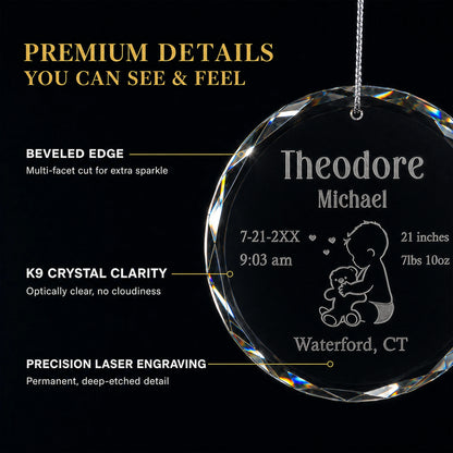 Beveled multi facet edge of the K9 optical glass baby's first Christmas ornament, optically clear with deep etched permanent laser engraving