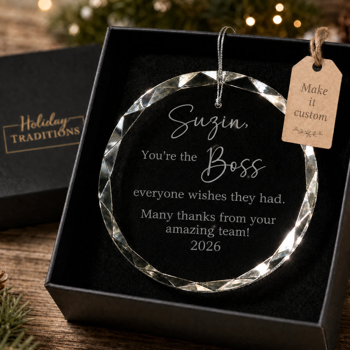 Best Boss personalized appreciation ornament in K9 optical glass, laser engraved with the boss's name, You're the Boss everyone wishes they had, a thank you message and year, shown in its black gift box