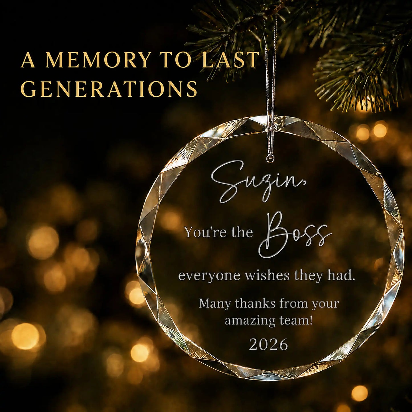 Personalized Best Boss glass Christmas ornament hanging on a lit tree, engraved with the boss's name, a thank you message from the team and year