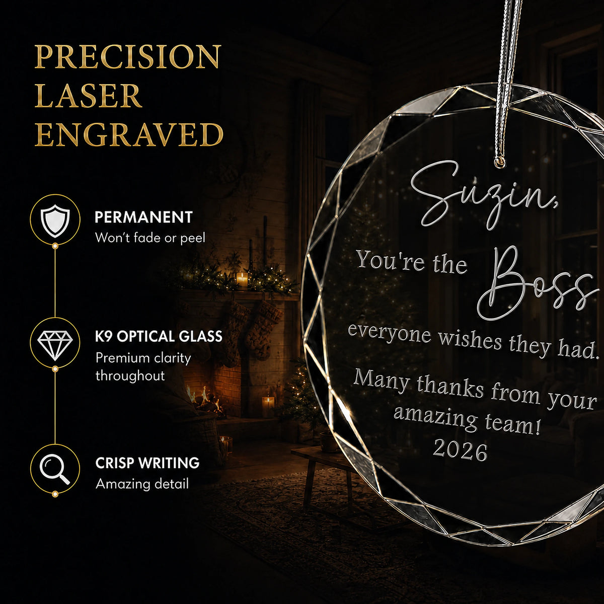 Close up of precision laser engraving on the custom Best Boss glass ornament, permanent lettering that will not fade or peel