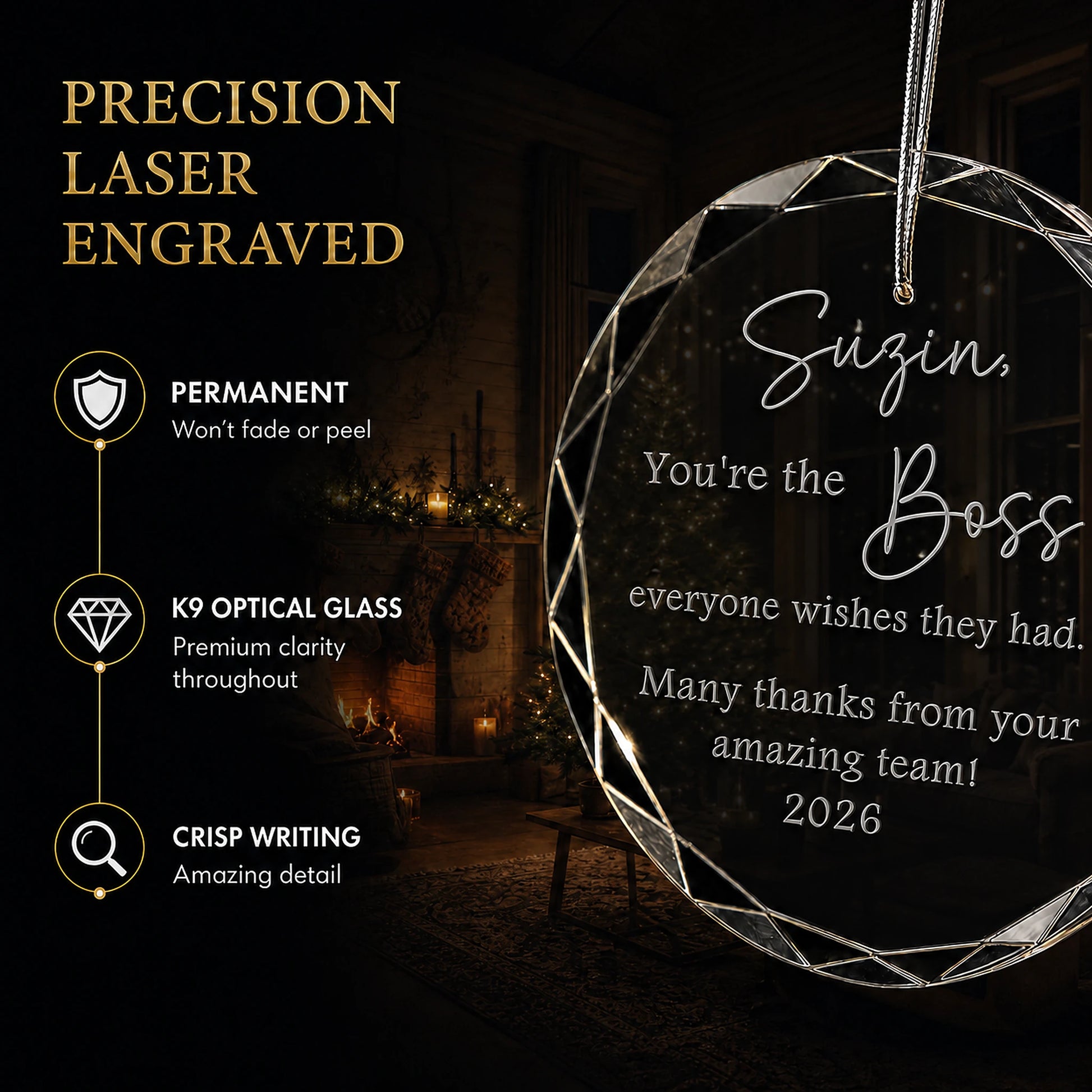 Close up of precision laser engraving on the custom Best Boss glass ornament, permanent lettering that will not fade or peel
