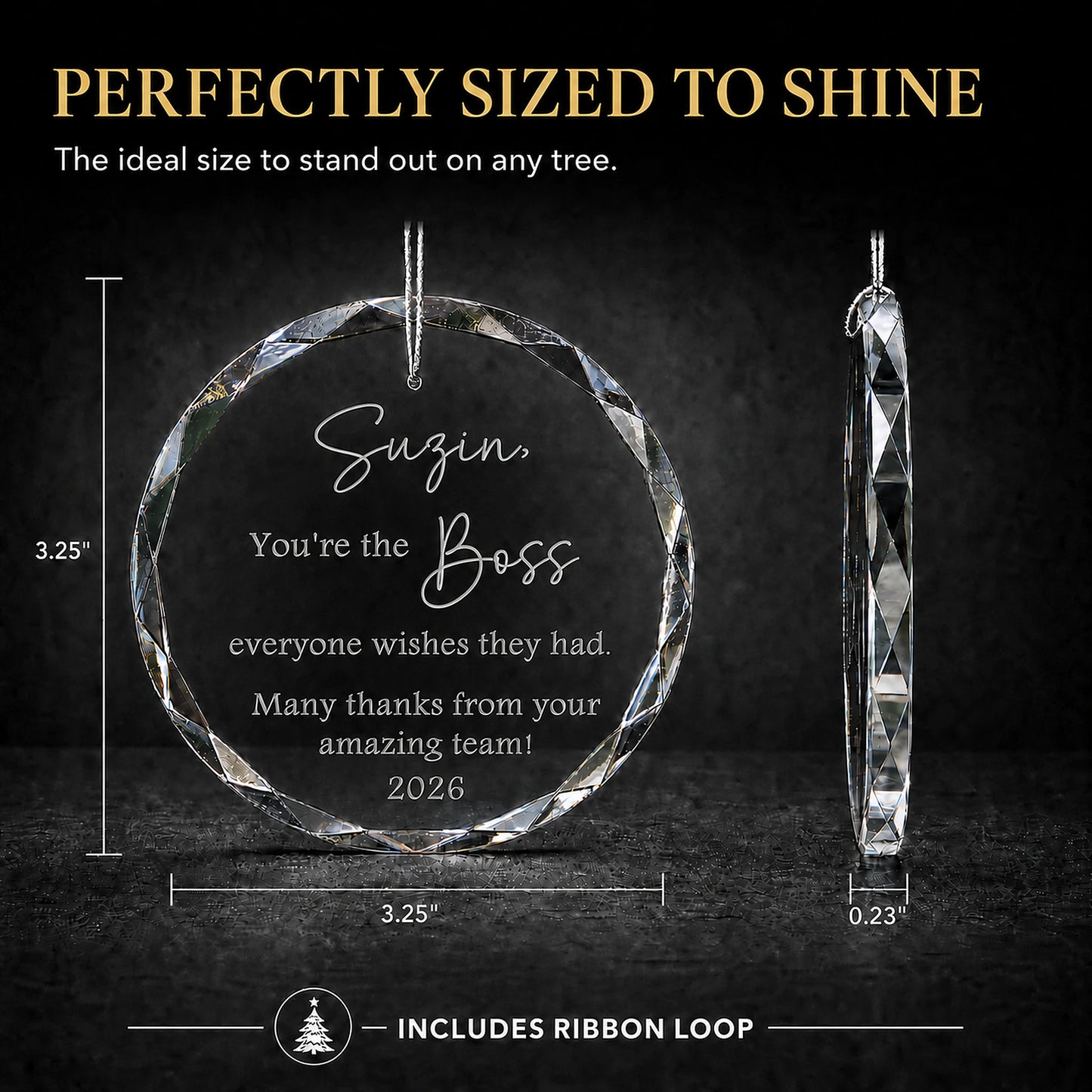 Size guide for the personalized Best Boss glass ornament, 3.25 inches tall by 3.25 inches wide and 0.23 inches thick