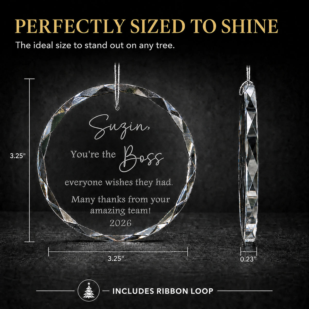 Size guide for the personalized Best Boss glass ornament, 3.25 inches tall by 3.25 inches wide and 0.23 inches thick