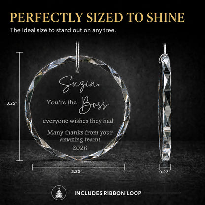 Size guide for the personalized Best Boss glass ornament, 3.25 inches tall by 3.25 inches wide and 0.23 inches thick