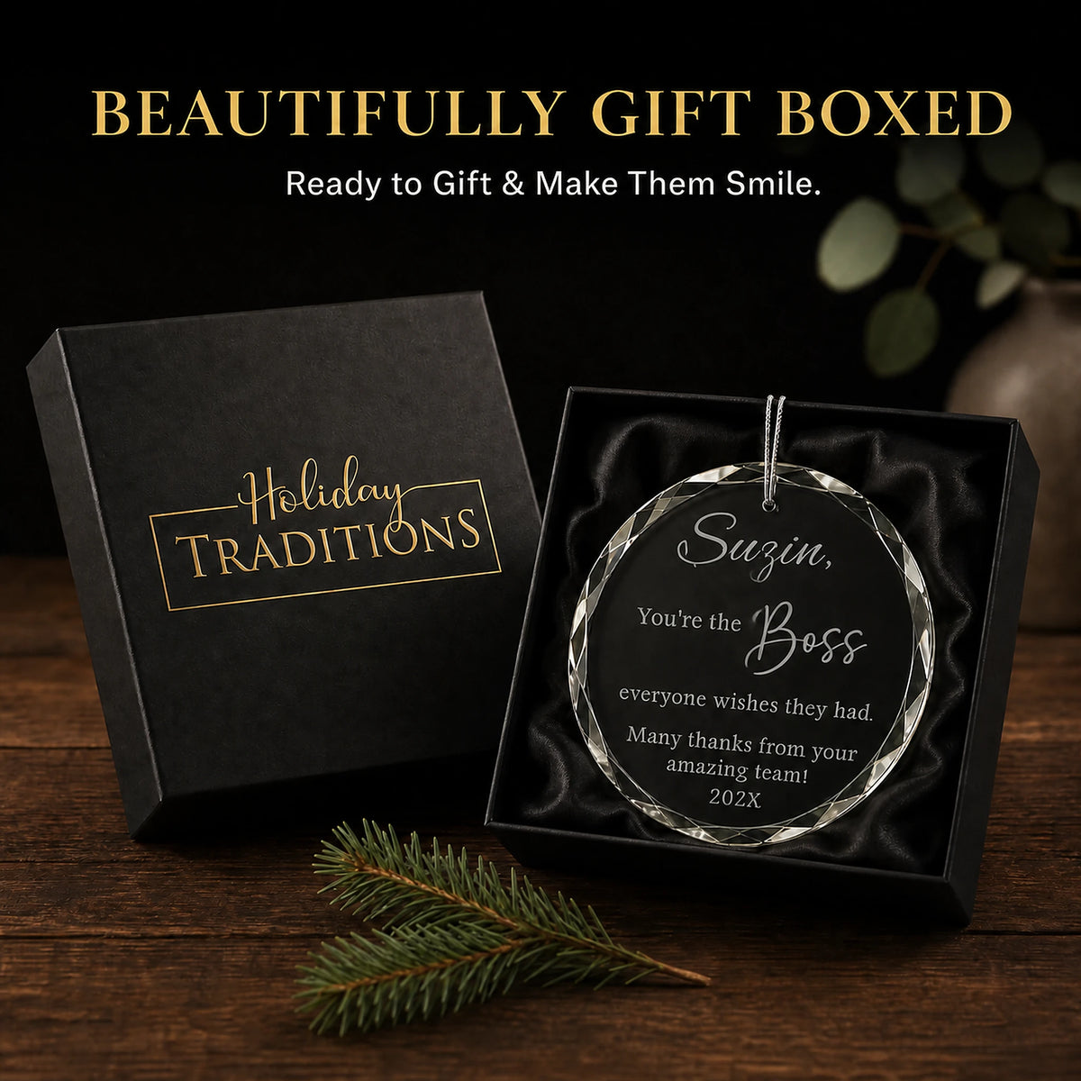 Personalized Best Boss glass ornament arrives in a black Holiday Traditions gift box, ready to give