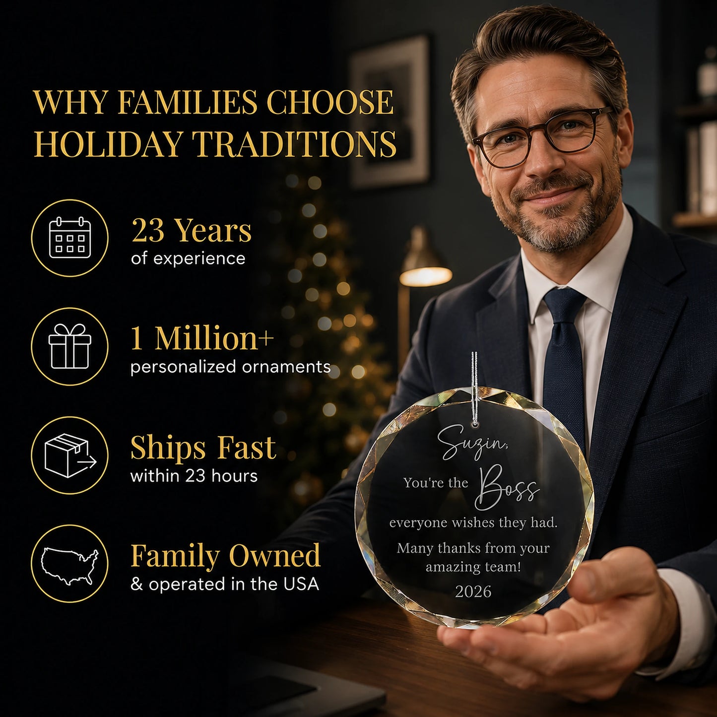 Boss in a suit holding his personalized Best Boss glass ornament at the office, Holiday Traditions is family owned in the USA and ships within 23 hours