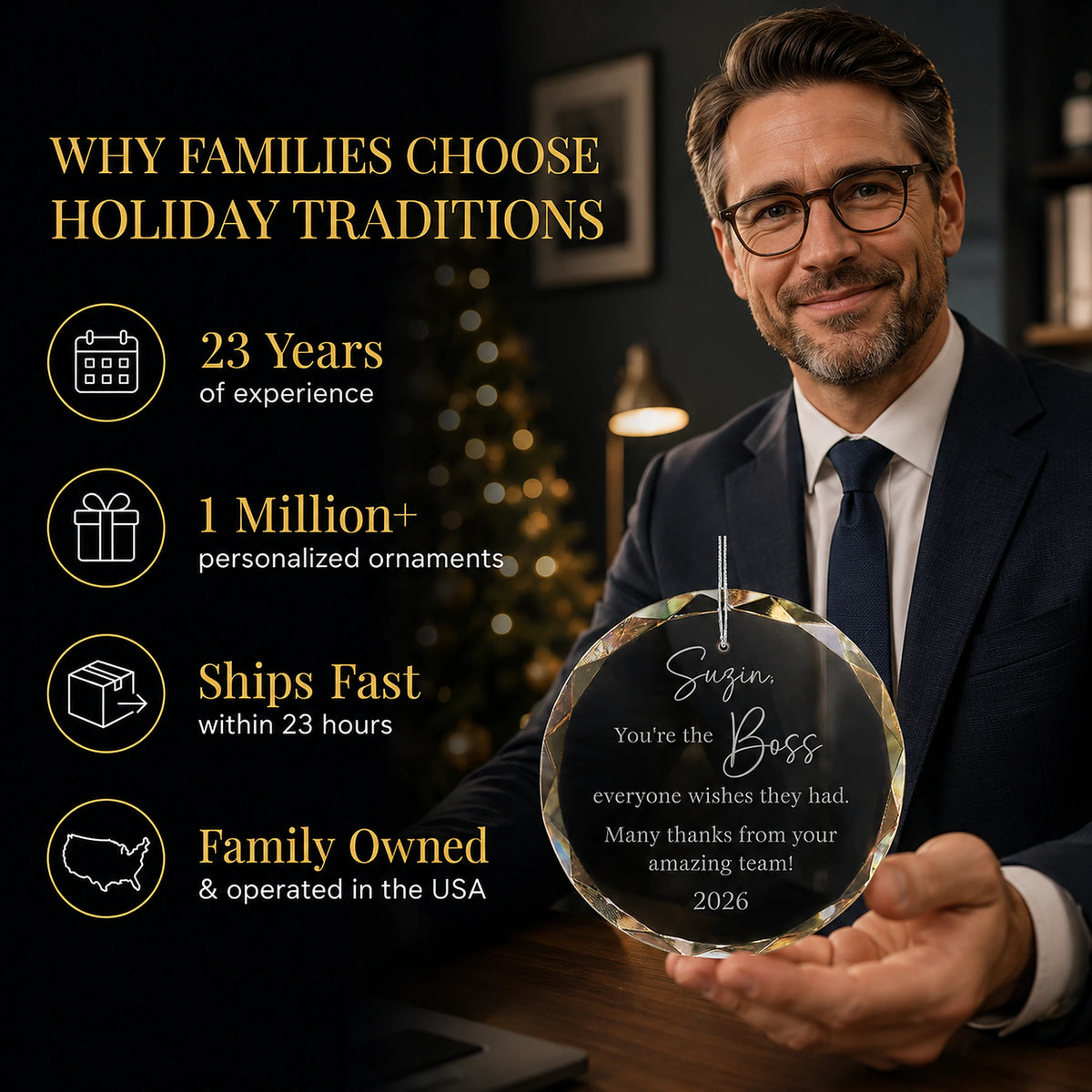 Boss in a suit holding his personalized Best Boss glass ornament at the office, Holiday Traditions is family owned in the USA and ships within 23 hours