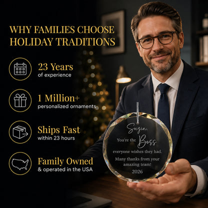 Boss in a suit holding his personalized Best Boss glass ornament at the office, Holiday Traditions is family owned in the USA and ships within 23 hours