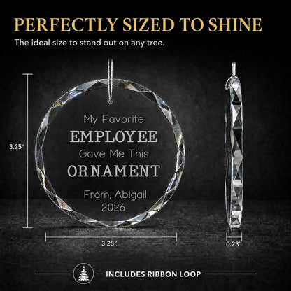 Size guide for the personalized My Favorite Employee glass ornament, 3.25 inches tall by 3.25 inches wide and 0.23 inches thick