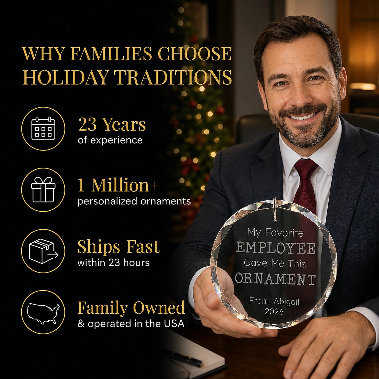 Boss in a suit holding his personalized My Favorite Employee glass ornament at the office, Holiday Traditions is family owned in the USA and ships within 23 hours