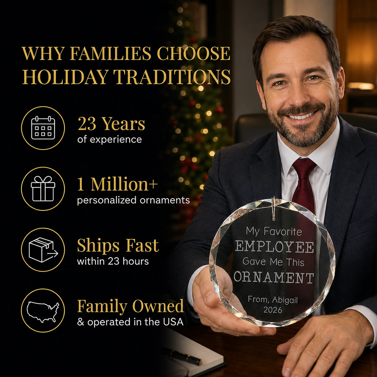 Boss in a suit holding his personalized My Favorite Employee glass ornament at the office, Holiday Traditions is family owned in the USA and ships within 23 hours