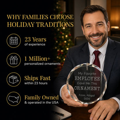 Boss in a suit holding his personalized My Favorite Employee glass ornament at the office, Holiday Traditions is family owned in the USA and ships within 23 hours