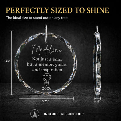 Size guide for the personalized mentor boss glass ornament, 3.25 inches tall by 3.25 inches wide and 0.23 inches thick