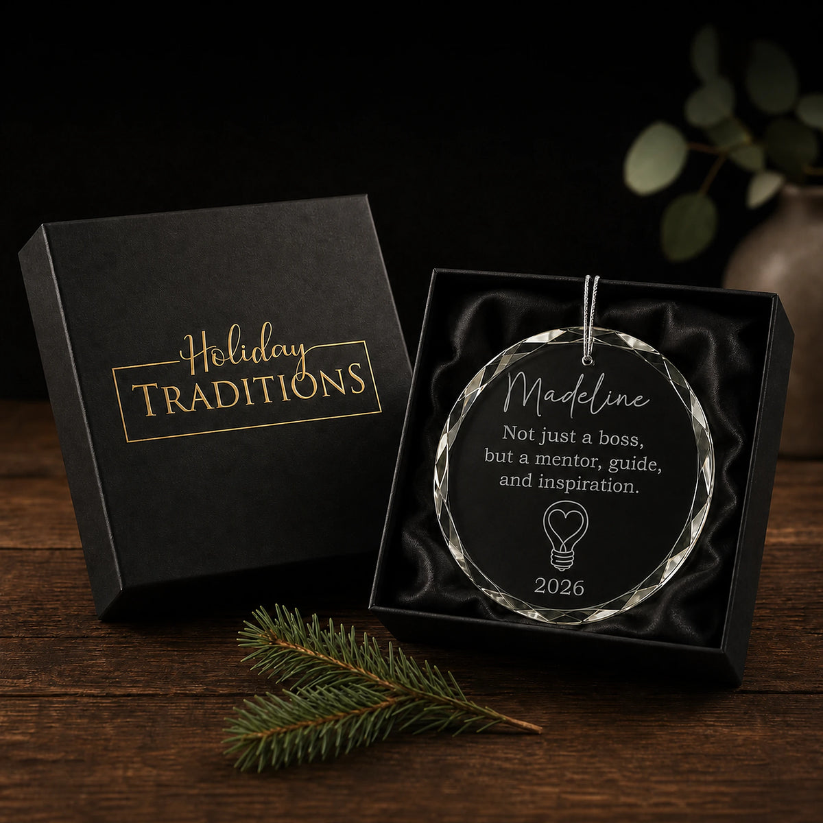 Personalized mentor boss glass ornament arrives in a black Holiday Traditions gift box, ready to give