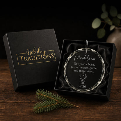 Personalized mentor boss glass ornament arrives in a black Holiday Traditions gift box, ready to give