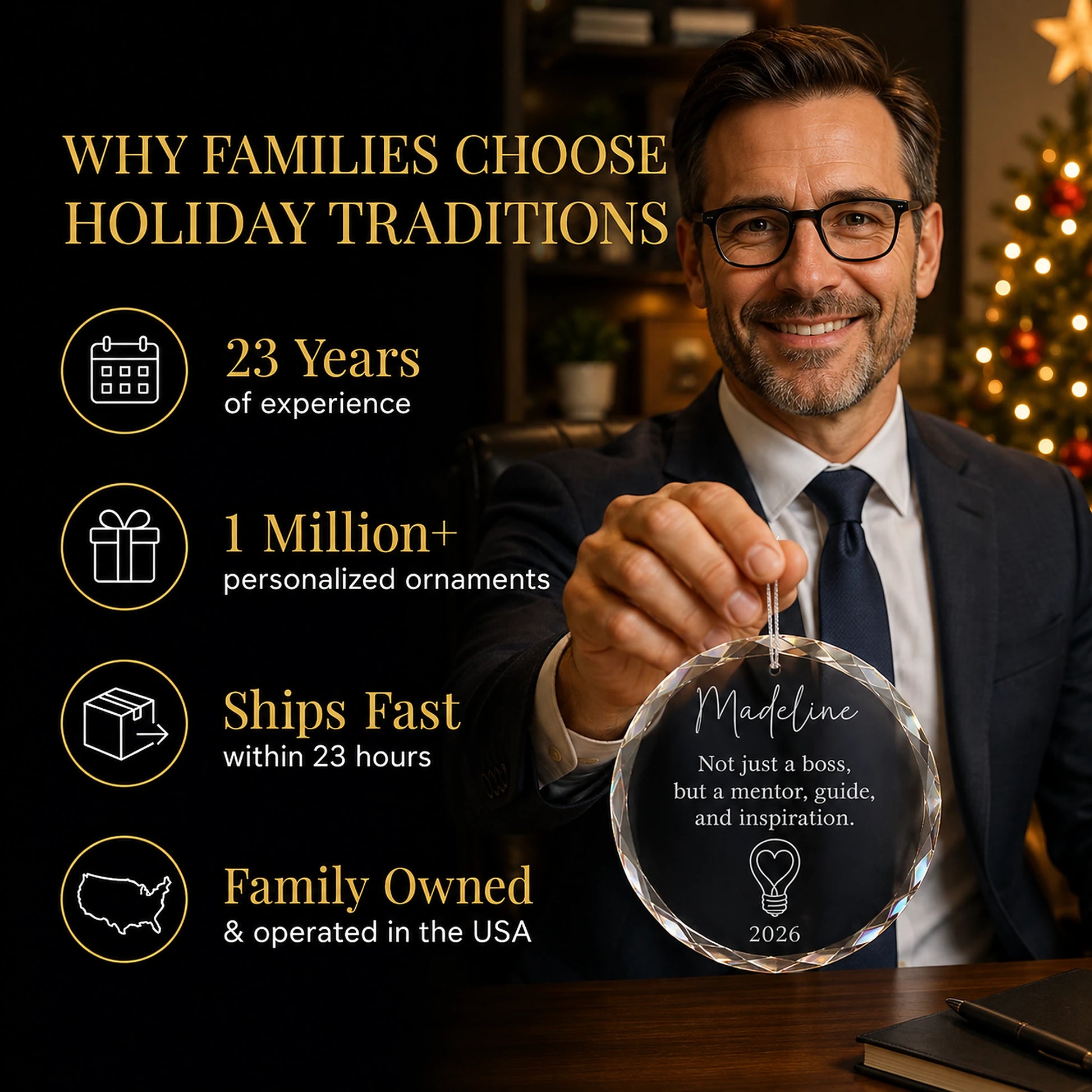 Boss in a suit holding his personalized mentor and inspiration glass ornament at the office, Holiday Traditions is family owned in the USA and ships within 23 hours