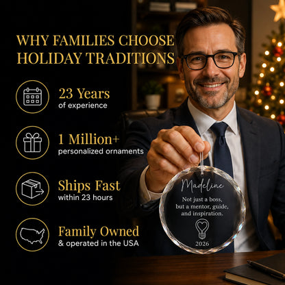 Boss in a suit holding his personalized mentor and inspiration glass ornament at the office, Holiday Traditions is family owned in the USA and ships within 23 hours