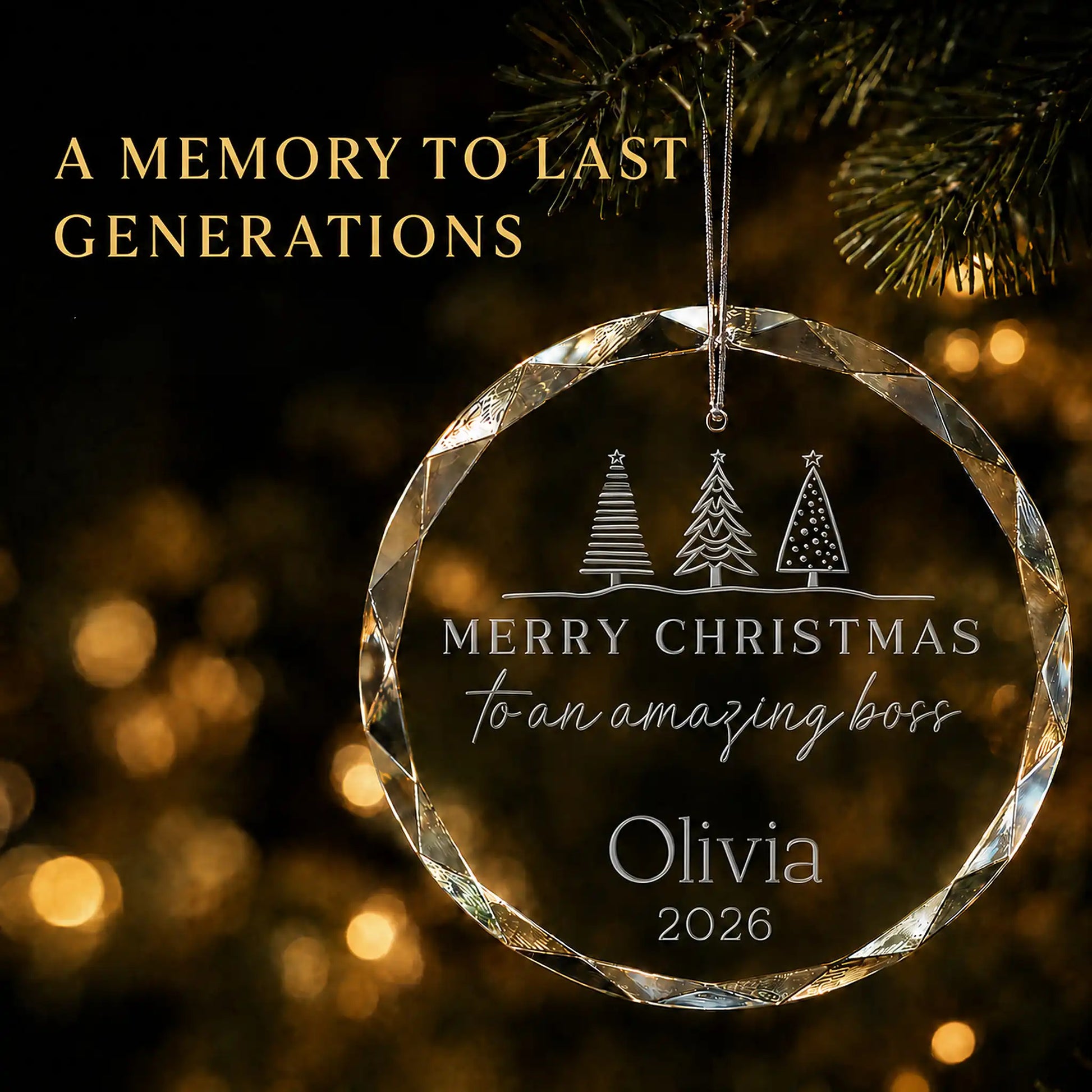Personalized Amazing Boss glass Christmas ornament hanging on a lit tree, engraved with Christmas trees, the boss's name and year